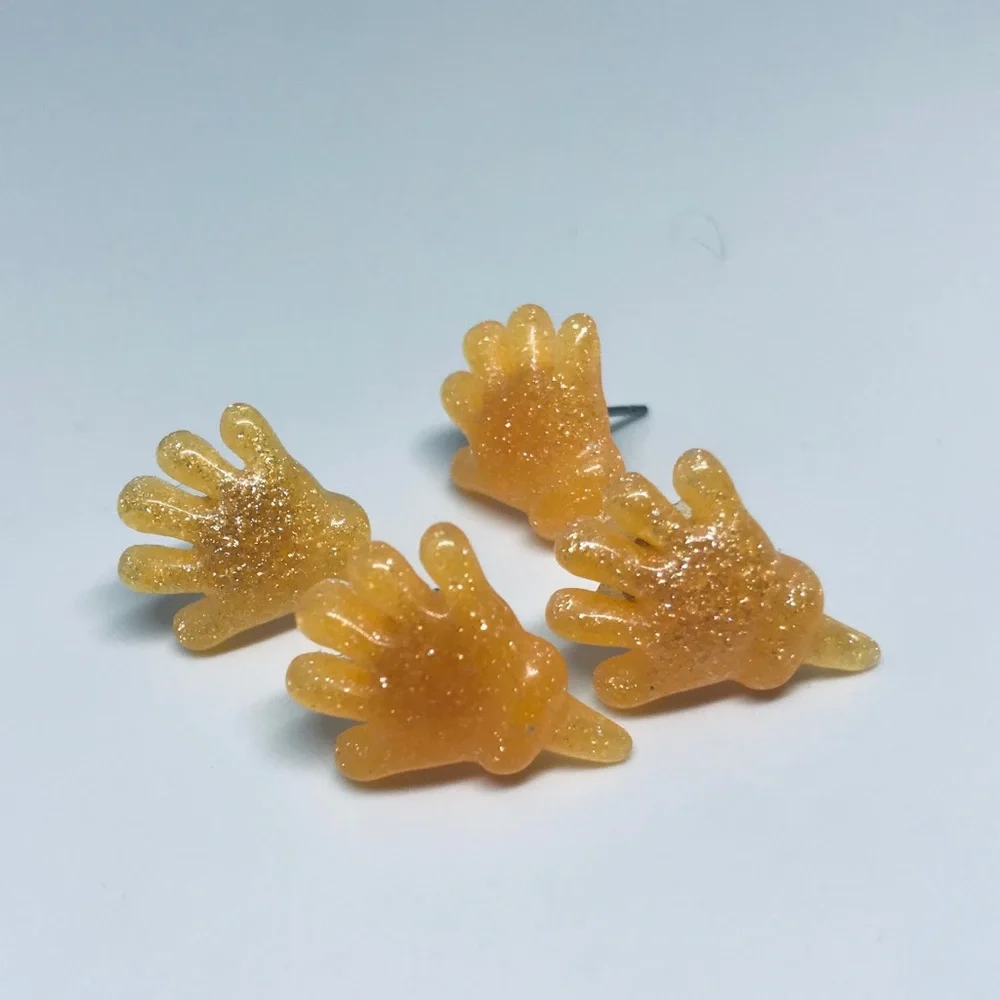 Orange Glitter Sticky Hand Resin Kawaii Hand Crafted Stud Earrings